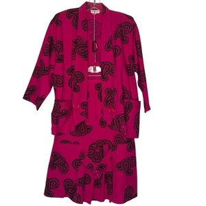 Vintage Peter Pan Sz S Skirt Blazer Set Hot Pink Black Paisley Print 80’s